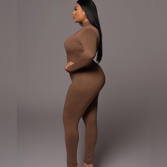 CHOCOLATE BROWN HIGH NECK FLEECE LINED JUMPSUIT - Picture 4 of 10